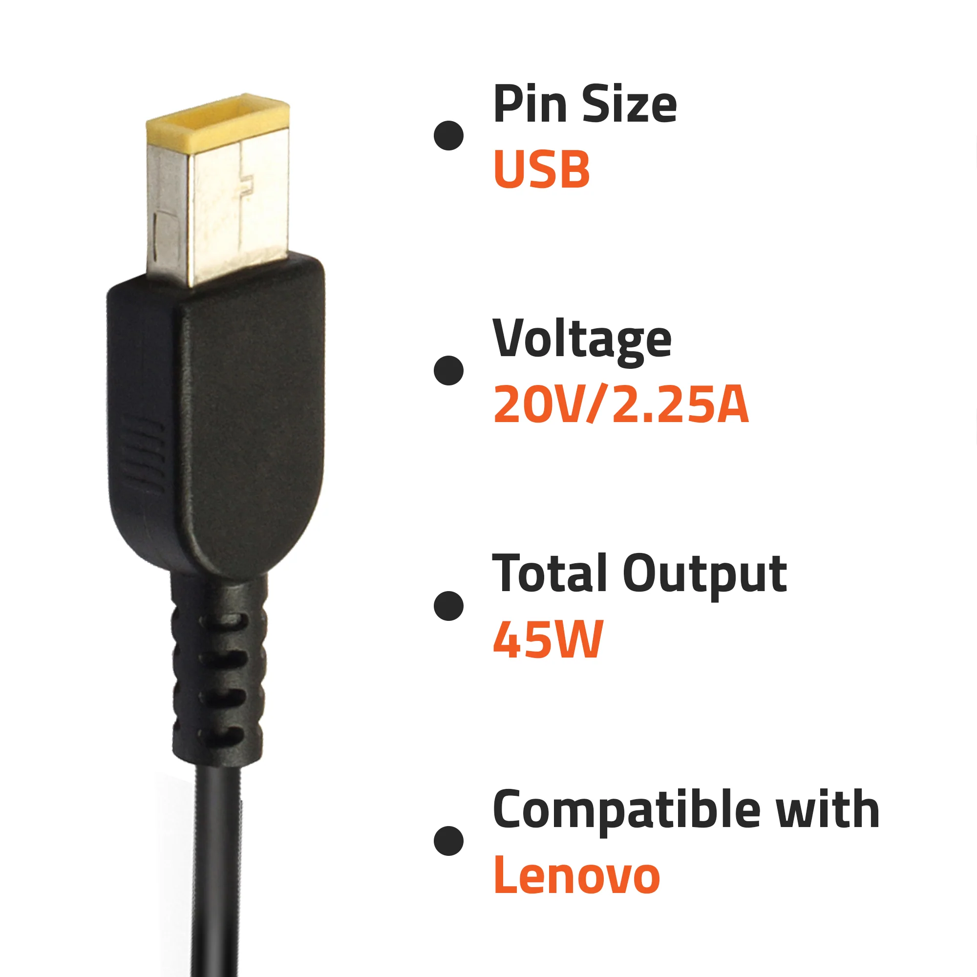 Lenovo 20V, 2.25A, 45W USB PIN Compatible Laptop Charger – Brown Box Packaging